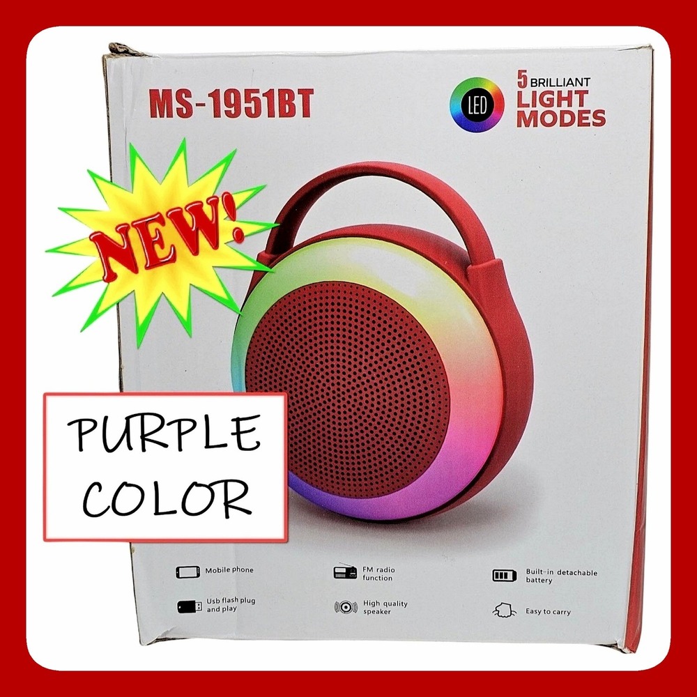 MS-1951BT Purple Wireless LED Speaker Portable Bluetooth FM USB NWT